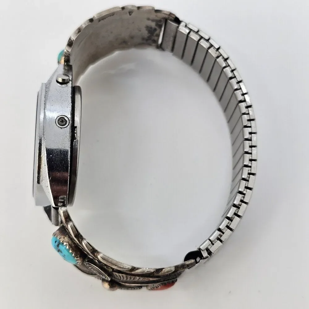 VTG Navajo Sterling Silver Flower Coral Turquoise Band‎ CrownTec Digital Watch